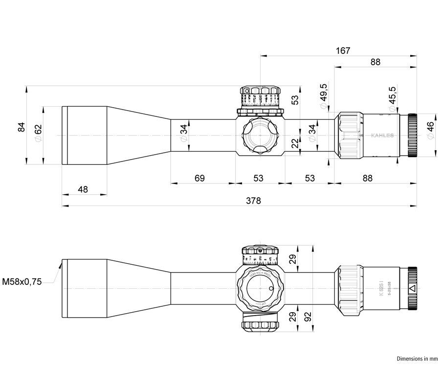 Kahles-K525i-5-25x56-DLR-SKMR-Abmessungen Kahles K525i 5-25x56 DLR SKMR Abmessungen